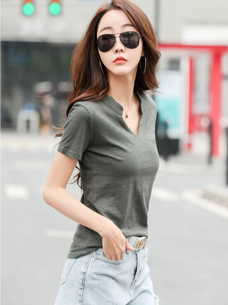 Women’s V-Neck Cotton T-Shirt – Soft Summer Basic Top