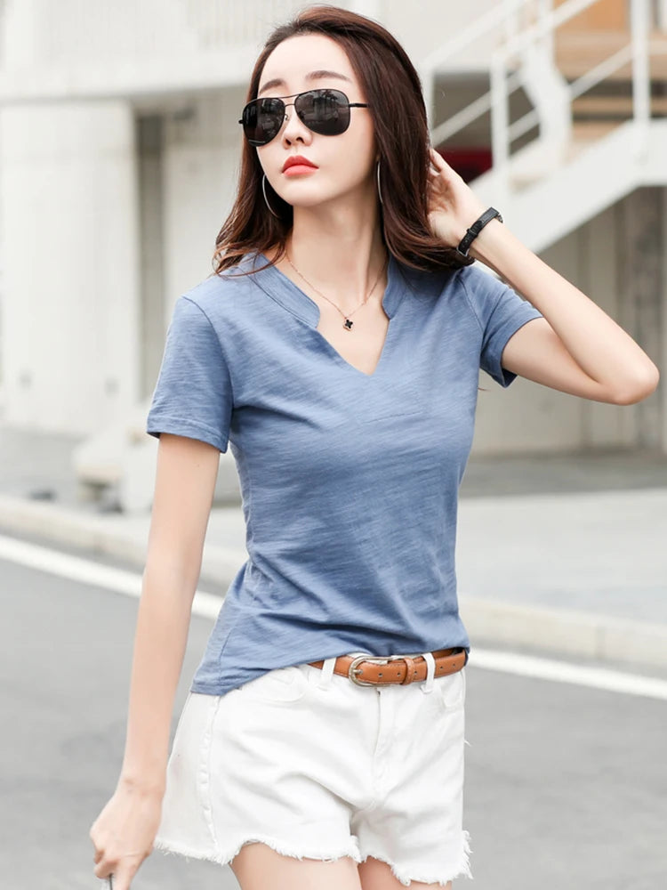 Women’s V-Neck Cotton T-Shirt – Soft Summer Basic Top