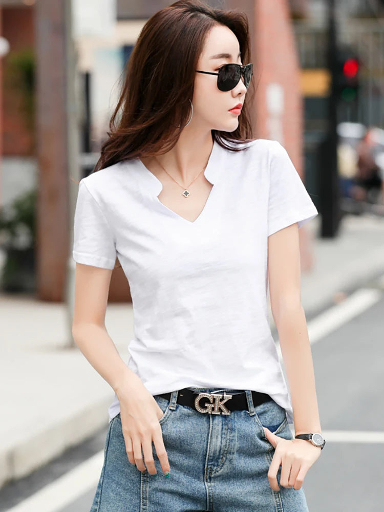 Women’s V-Neck Cotton T-Shirt – Soft Summer Basic Top