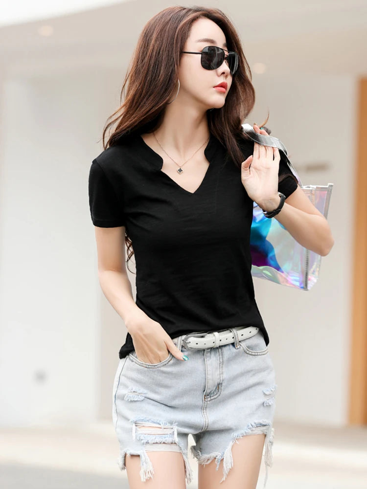 Women’s V-Neck Cotton T-Shirt – Soft Summer Basic Top