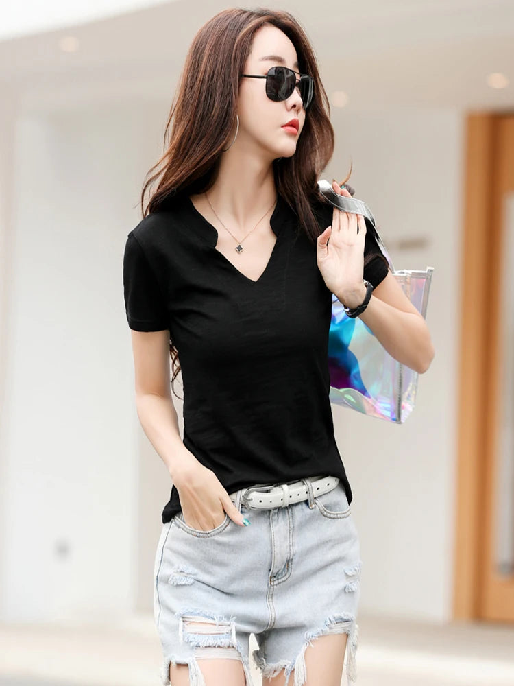 Women’s V-Neck Cotton T-Shirt – Soft Summer Basic Top