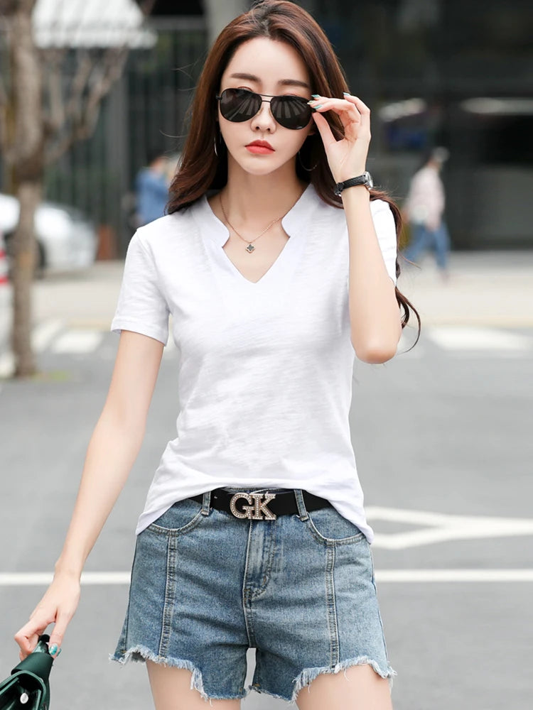 Women’s V-Neck Cotton T-Shirt – Soft Summer Basic Top