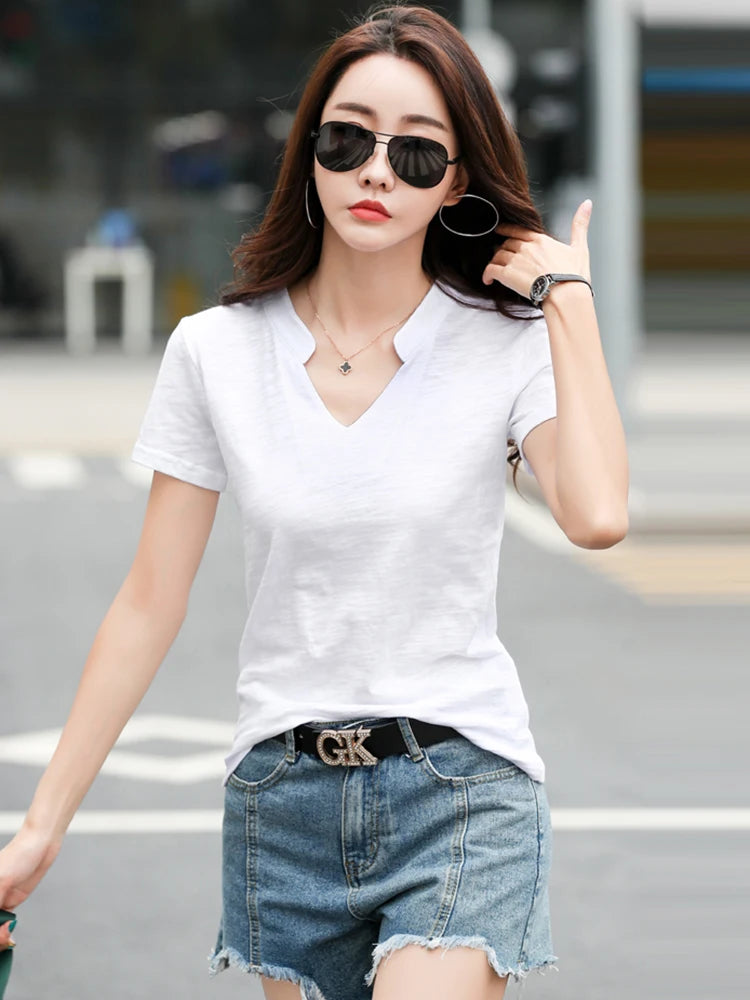 Women’s V-Neck Cotton T-Shirt – Soft Summer Basic Top