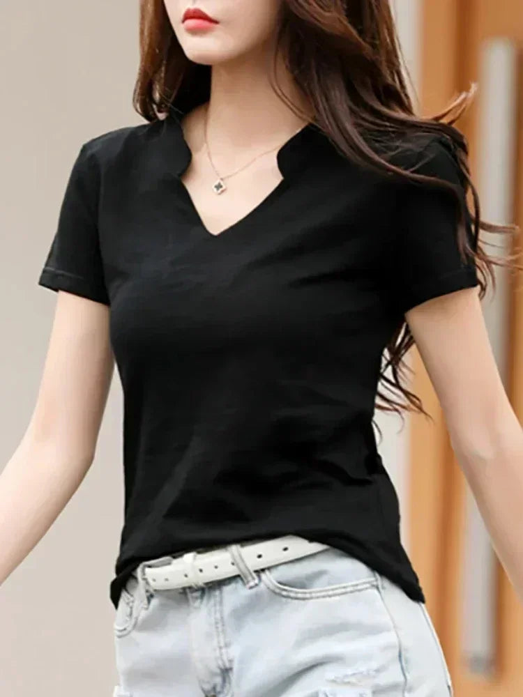 Women’s V-Neck Cotton T-Shirt – Soft Summer Basic Top