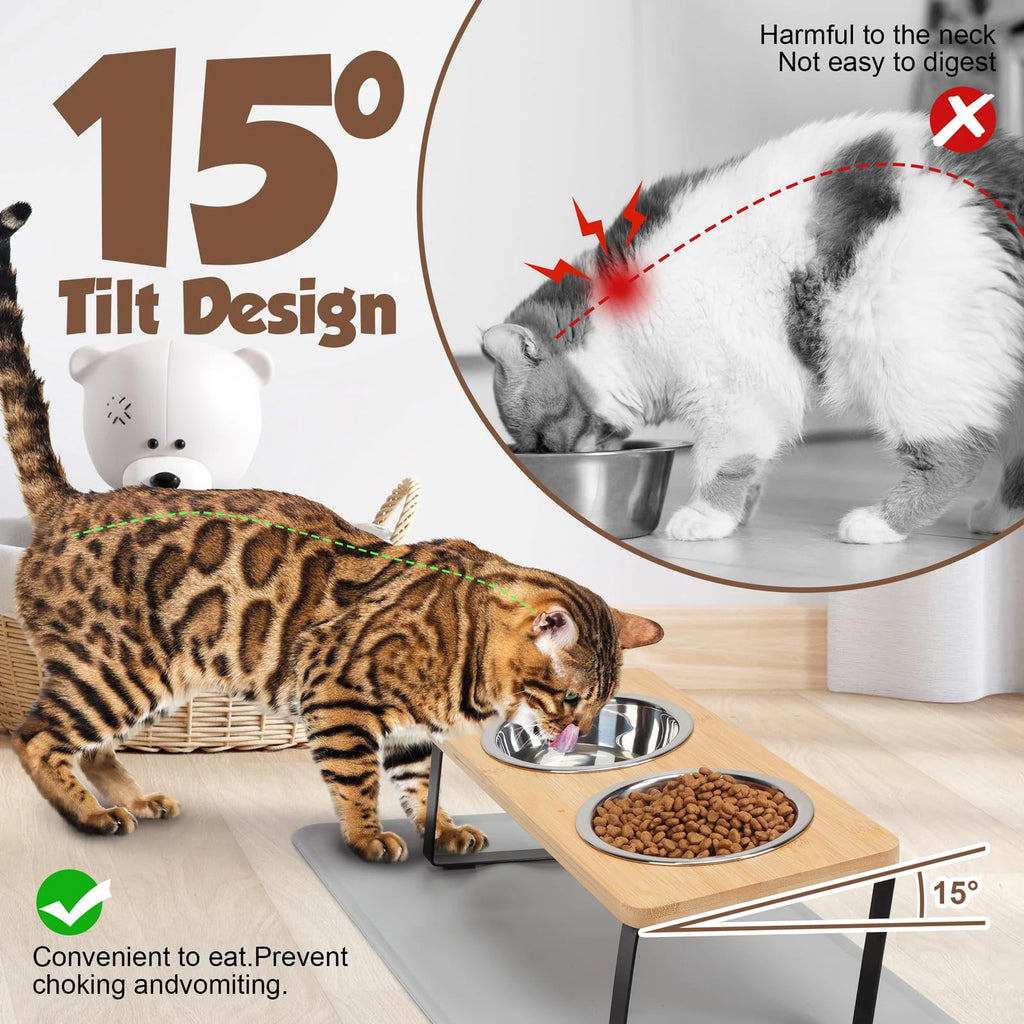 Elevated Cat Bowls Pet Feeder 15° Tilted Raised Cat Food Bowls with Wooden Stand 2 Stainless Steel Bowls for Cats and Puppy
